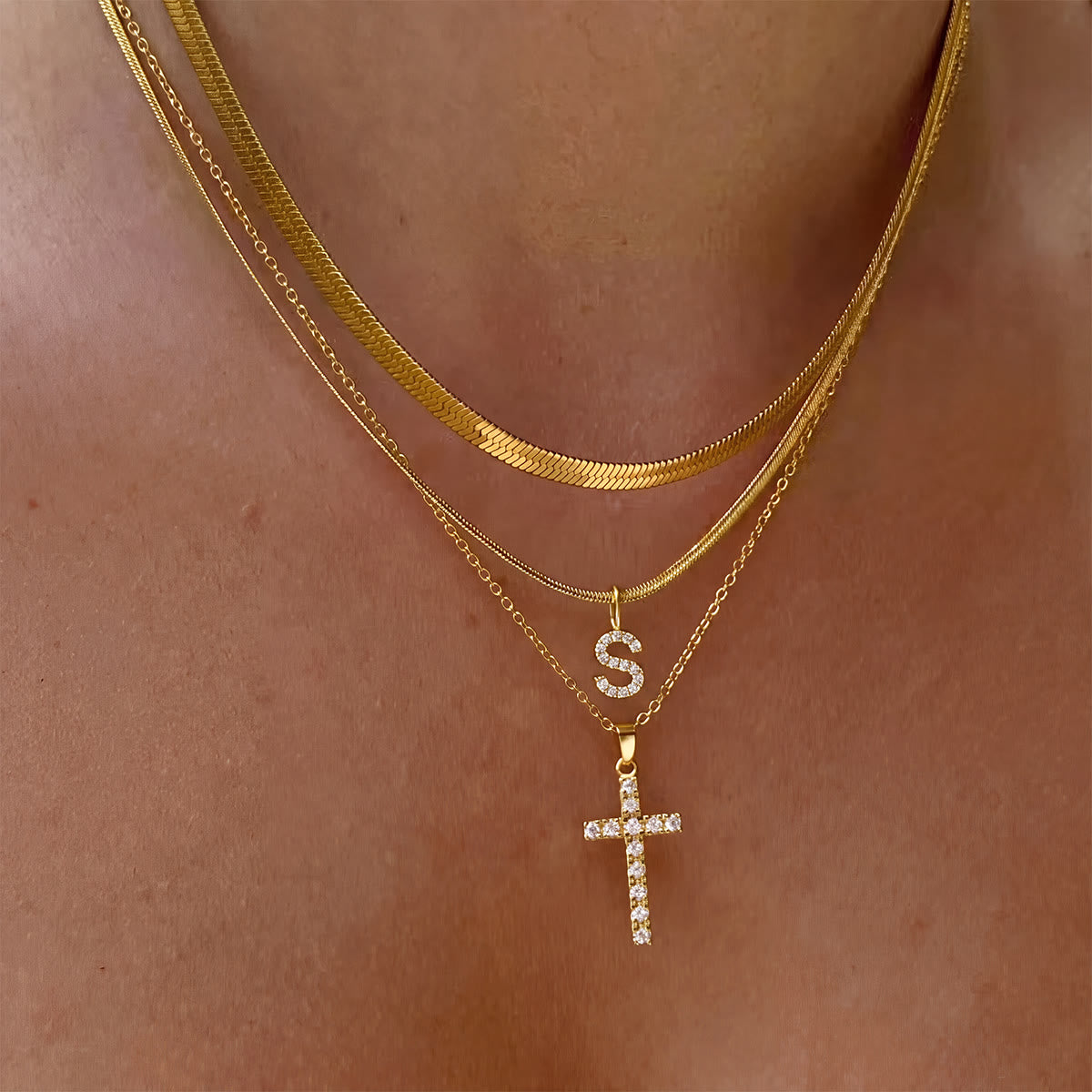 Sparkle Crystal Layered Initial Cross Necklace: Token of Personal Heavenly Grace