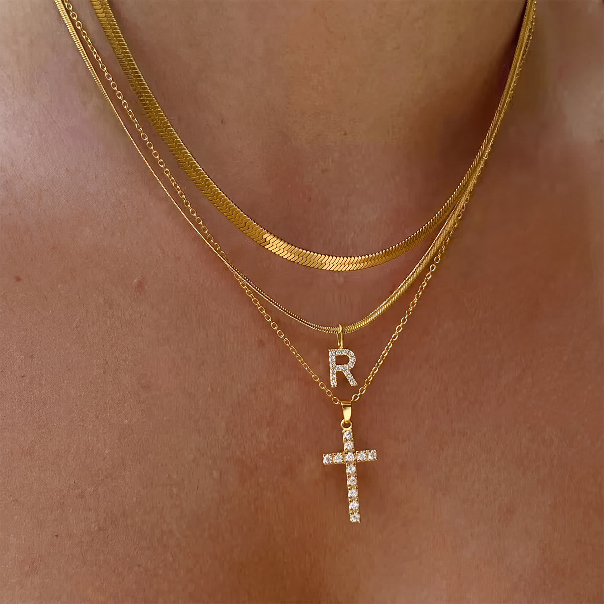 Sparkle Crystal Layered Initial Cross Necklace: Token of Personal Heavenly Grace