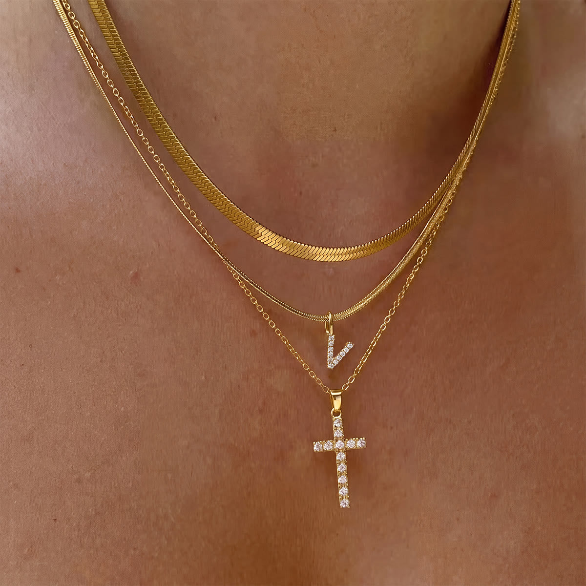 Sparkle Crystal Layered Initial Cross Necklace: Token of Personal Heavenly Grace