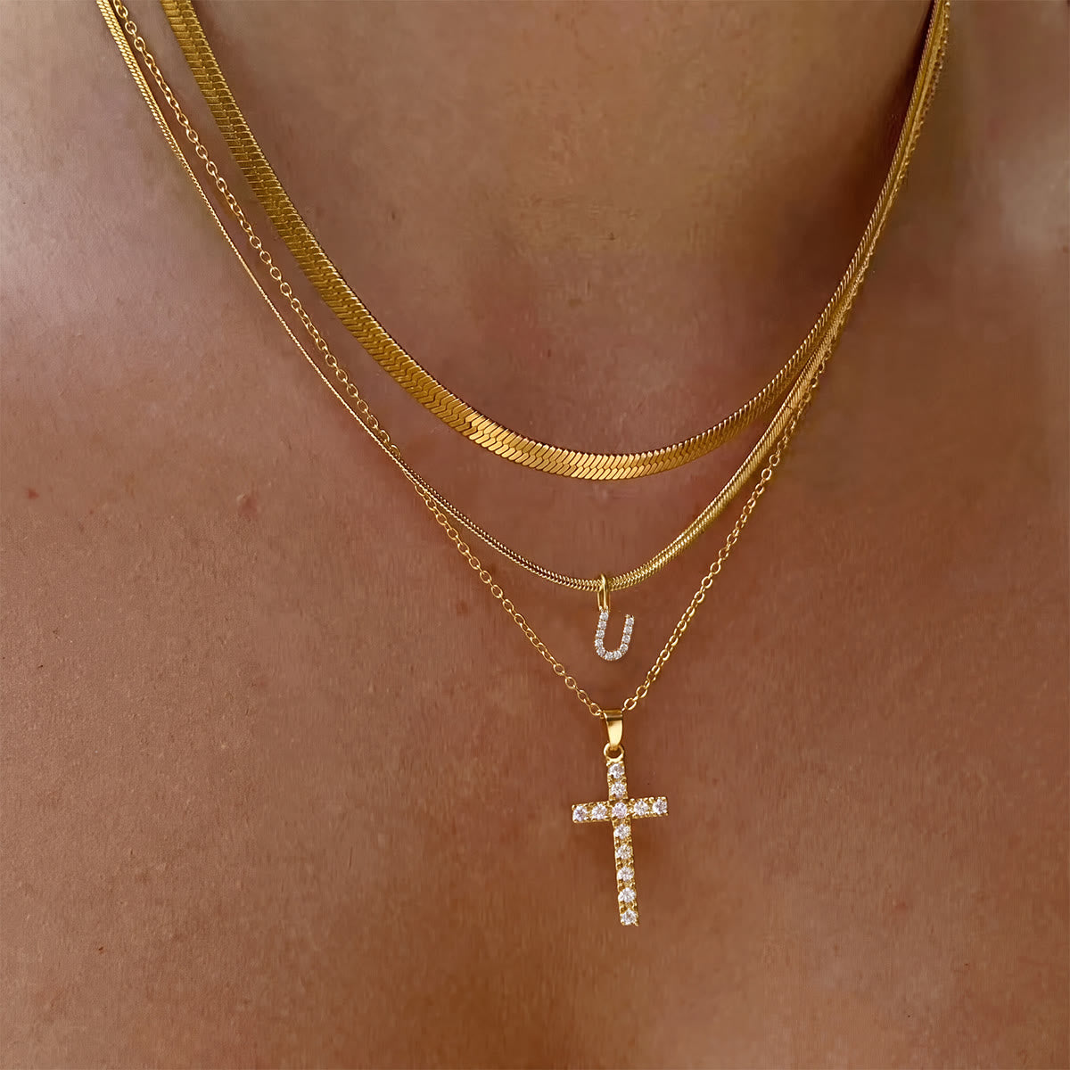 Sparkle Crystal Layered Initial Cross Necklace: Token of Personal Heavenly Grace