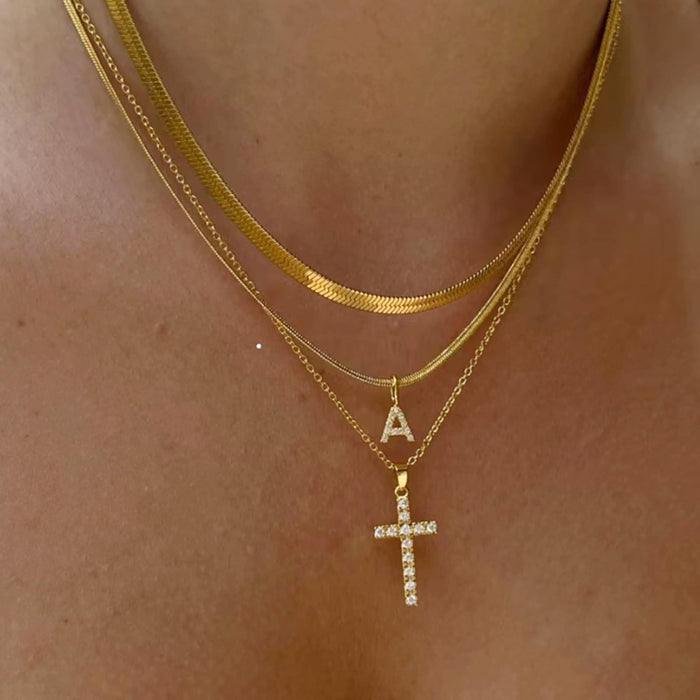 Sparkle Crystal Layered Initial Cross Necklace: Token of Personal Heavenly Grace