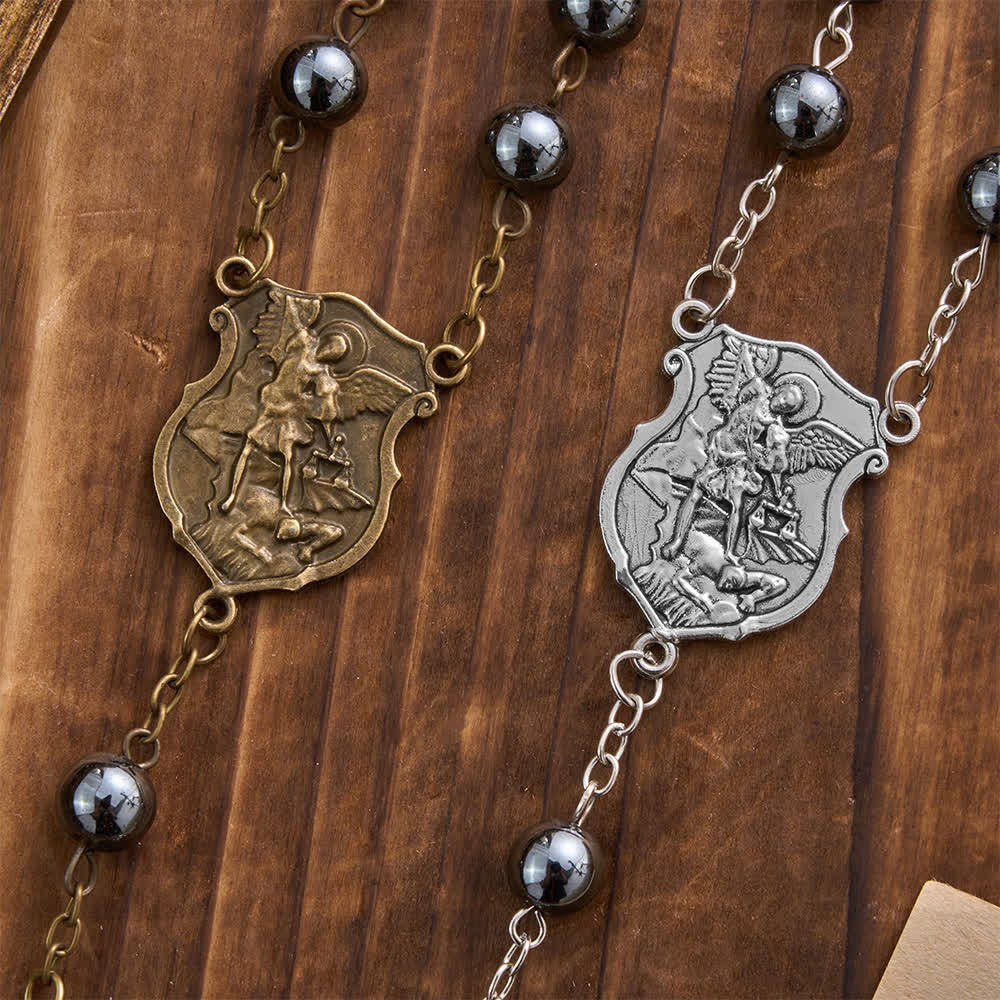 Hematite Bead Car Pendant with St. Michael Medal & Crucifix: A Gift of Heavenly Protection & Strength