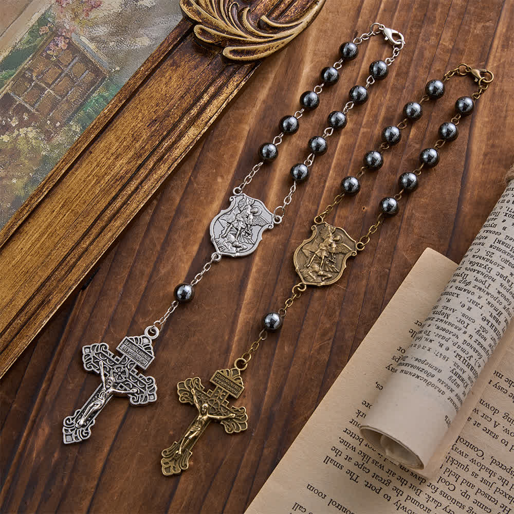 Hematite Bead Car Pendant with St. Michael Medal & Crucifix: A Gift of Heavenly Protection & Strength
