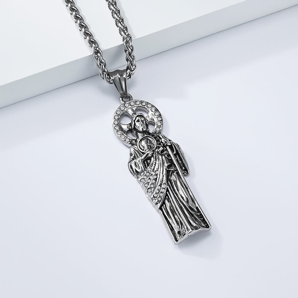 Rhinestone Halo Saint Jude Thaddeus Cuban Pendant Necklace: Emblem of Desperate Fortune Salvation