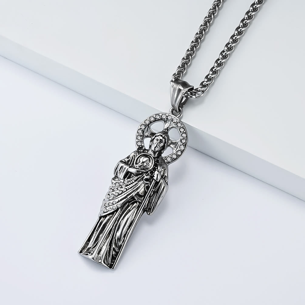 Rhinestone Halo Saint Jude Thaddeus Cuban Pendant Necklace: Emblem of Desperate Fortune Salvation