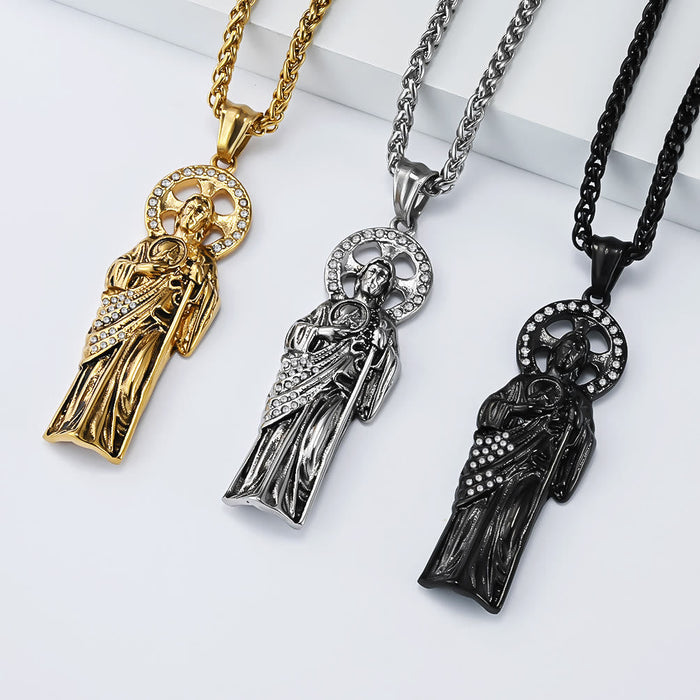 Rhinestone Halo Saint Jude Thaddeus Cuban Pendant Necklace: Emblem of Desperate Fortune Salvation