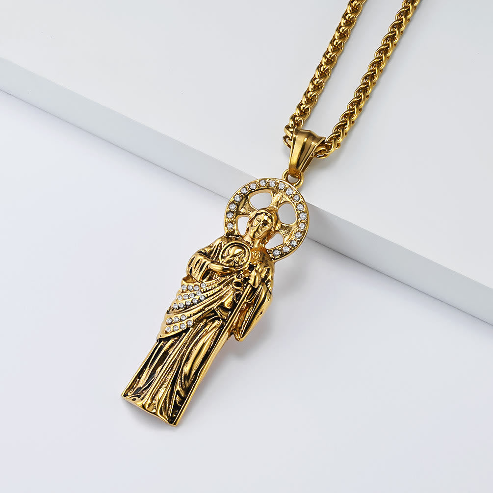 Rhinestone Halo Saint Jude Thaddeus Cuban Pendant Necklace: Emblem of Desperate Fortune Salvation