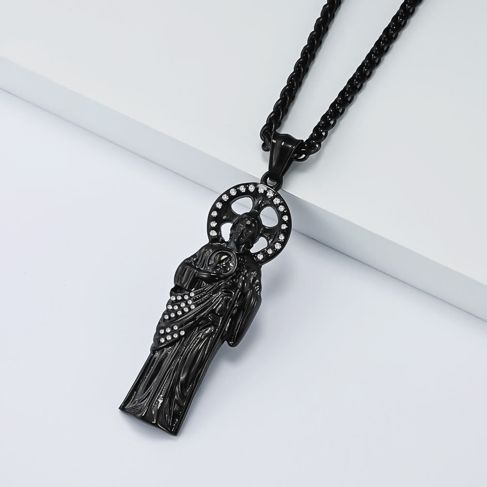 Rhinestone Halo Saint Jude Thaddeus Cuban Pendant Necklace: Emblem of Desperate Fortune Salvation