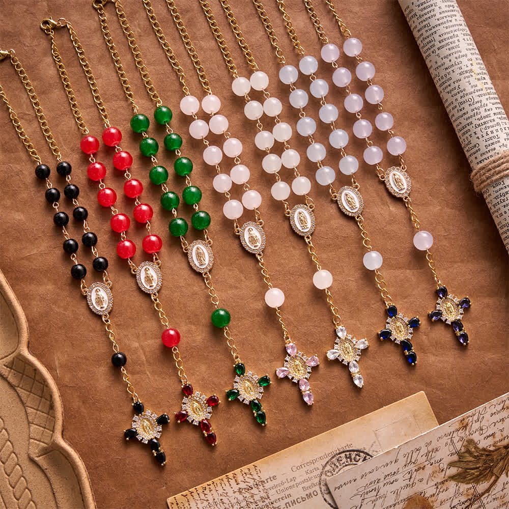 Multi-Color Stained Glass Pocket Car Rosary With Jeweled Our Lady of Guadalupe Cross