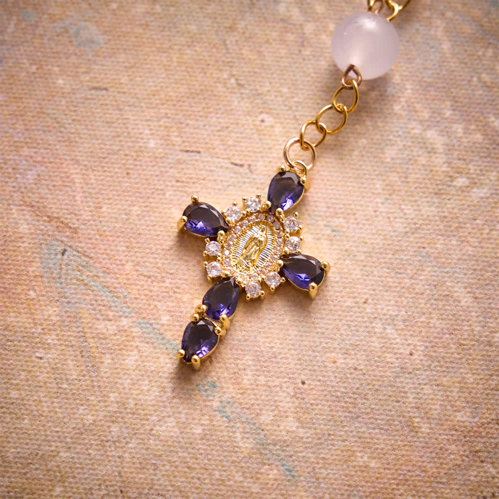 Multi-Color Stained Glass Pocket Car Rosary With Jeweled Our Lady of Guadalupe Cross