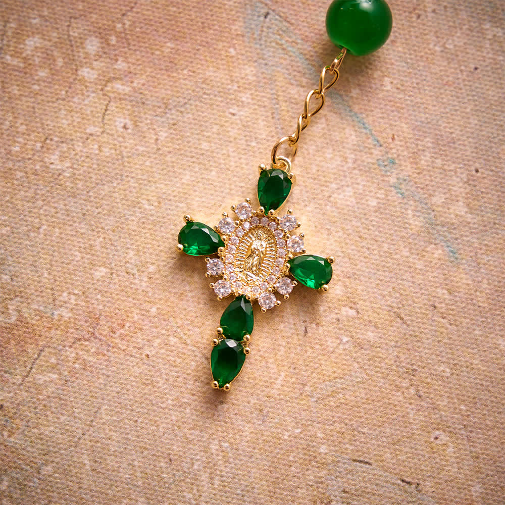 Multi-Color Stained Glass Pocket Car Rosary With Jeweled Our Lady of Guadalupe Cross