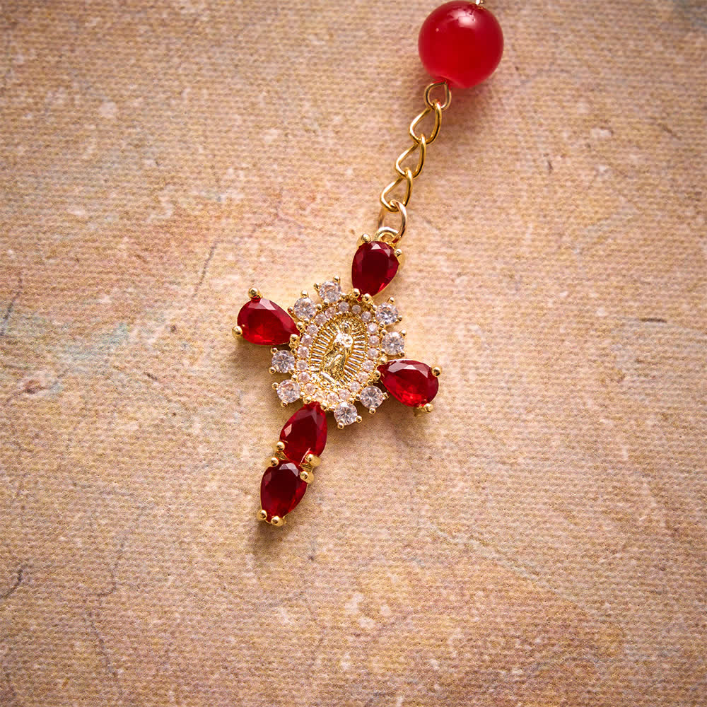 Multi-Color Stained Glass Pocket Car Rosary With Jeweled Our Lady of Guadalupe Cross