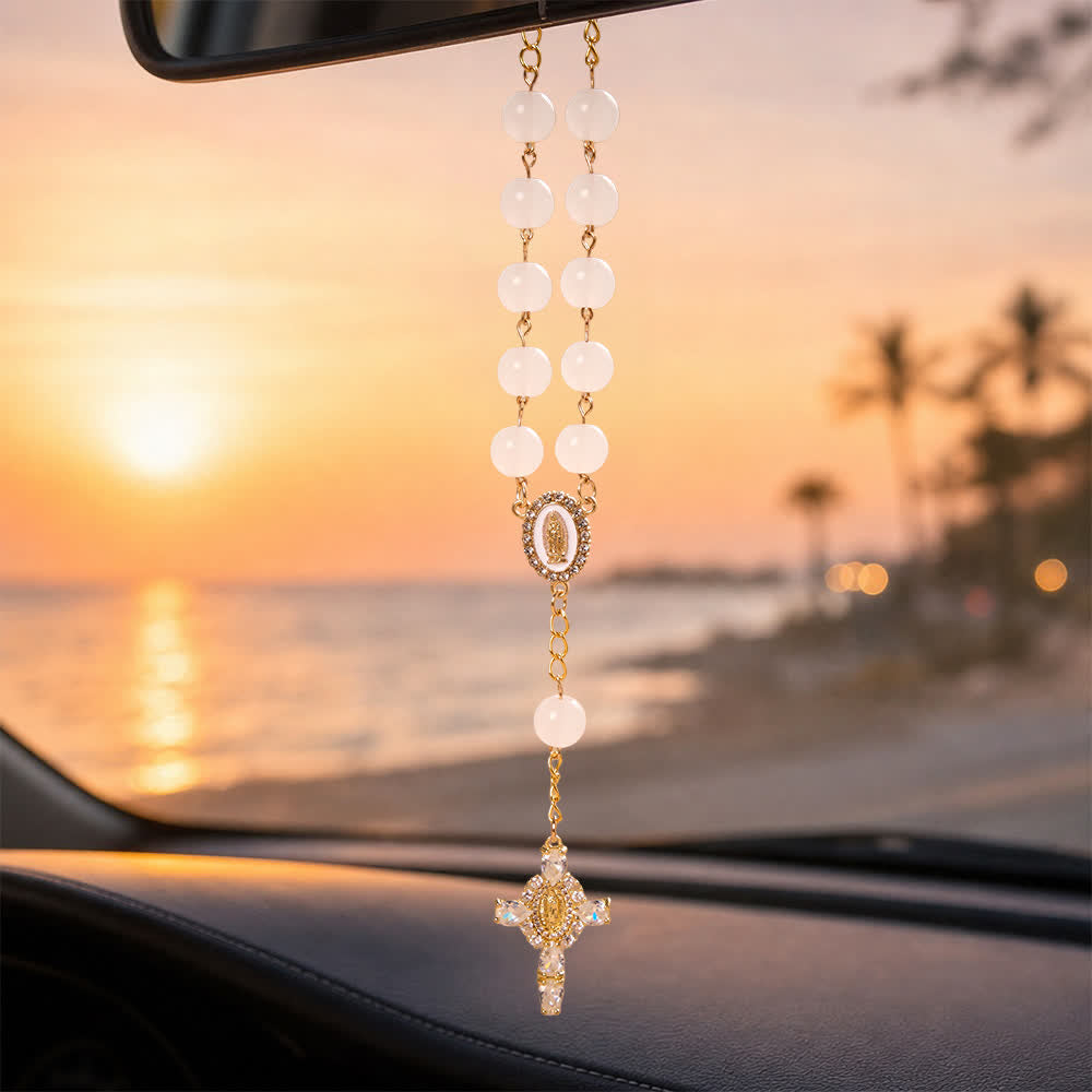 Multi-Color Stained Glass Pocket Car Rosary With Jeweled Our Lady of Guadalupe Cross