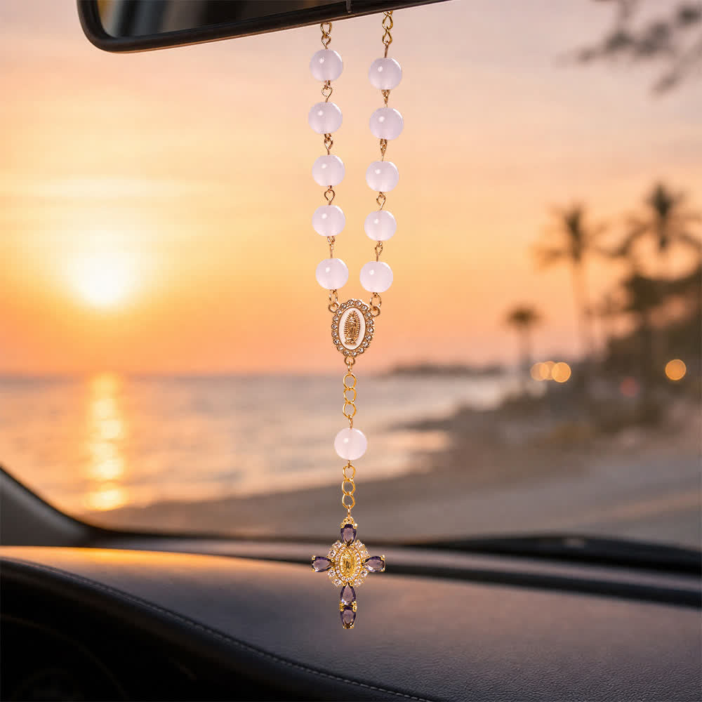 Multi-Color Stained Glass Pocket Car Rosary With Jeweled Our Lady of Guadalupe Cross