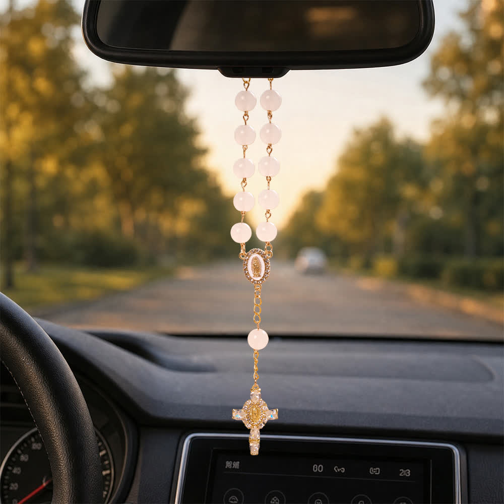 Multi-Color Stained Glass Pocket Car Rosary With Jeweled Our Lady of Guadalupe Cross