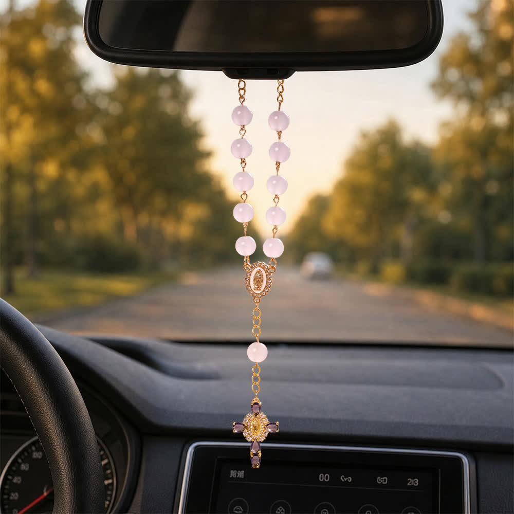 Multi-Color Stained Glass Pocket Car Rosary With Jeweled Our Lady of Guadalupe Cross