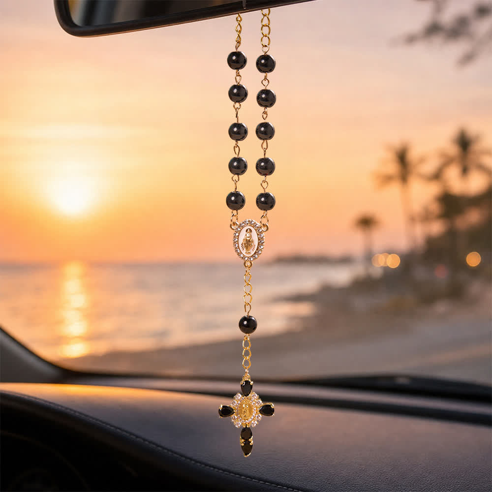 Multi-Color Stained Glass Pocket Car Rosary With Jeweled Our Lady of Guadalupe Cross
