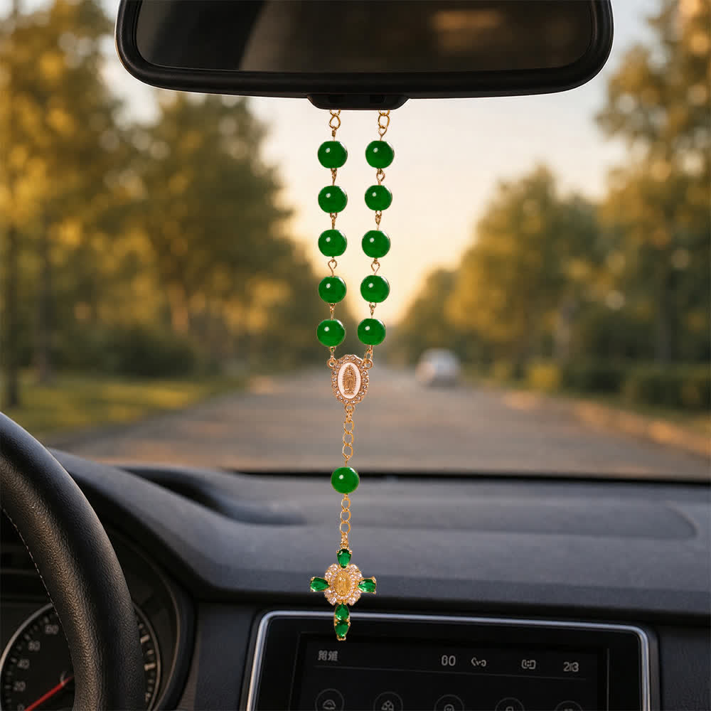 Multi-Color Stained Glass Pocket Car Rosary With Jeweled Our Lady of Guadalupe Cross