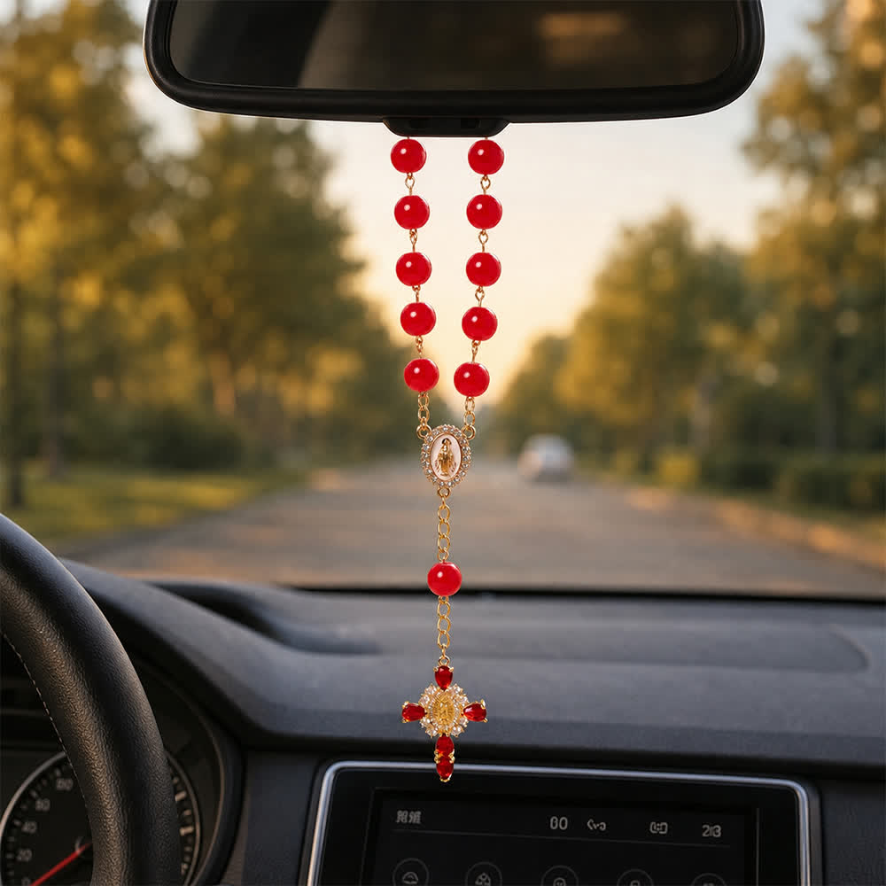 Multi-Color Stained Glass Pocket Car Rosary With Jeweled Our Lady of Guadalupe Cross