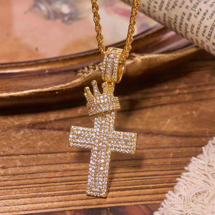 Iced Out Crown Top Cross Pendant Necklace: Emblem of Heavenly Sovereign Blessing