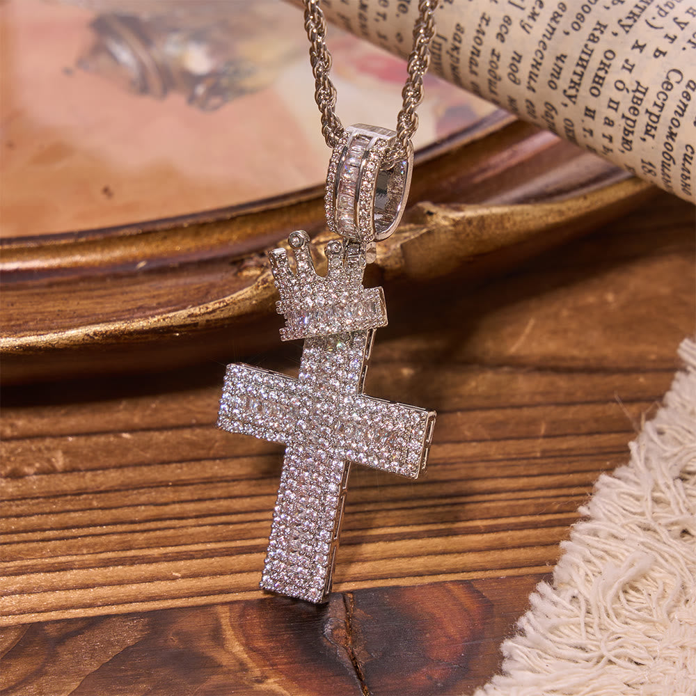 Iced Out Crown Top Cross Pendant Necklace: Emblem of Heavenly Sovereign Blessing