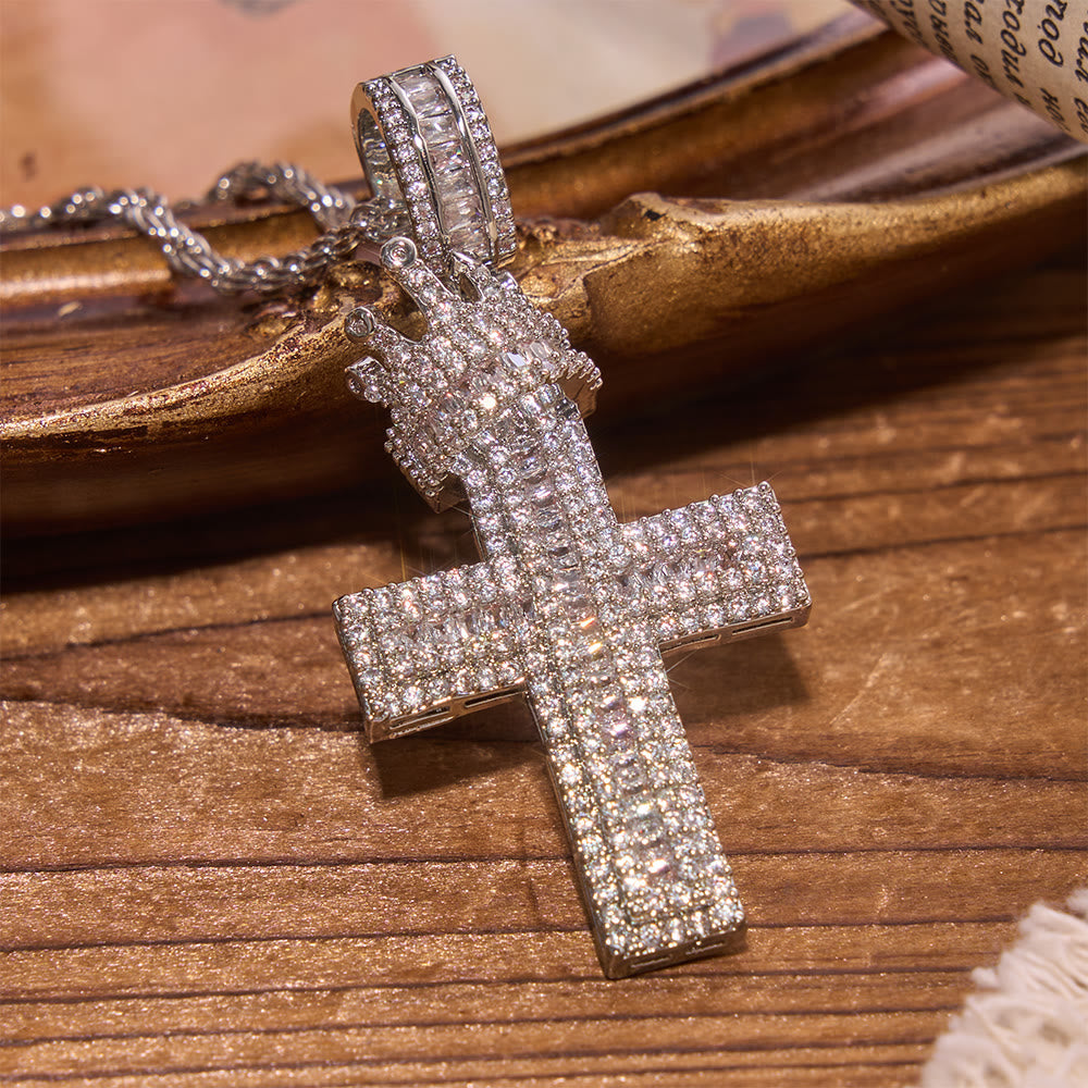 Iced Out Crown Top Cross Pendant Necklace: Emblem of Heavenly Sovereign Blessing
