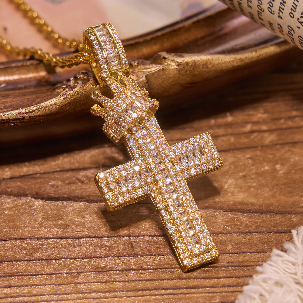 Iced Out Crown Top Cross Pendant Necklace: Emblem of Heavenly Sovereign Blessing