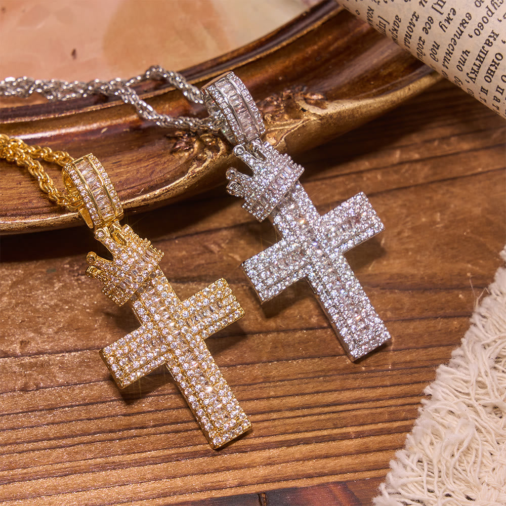 Iced Out Crown Top Cross Pendant Necklace: Emblem of Heavenly Sovereign Blessing