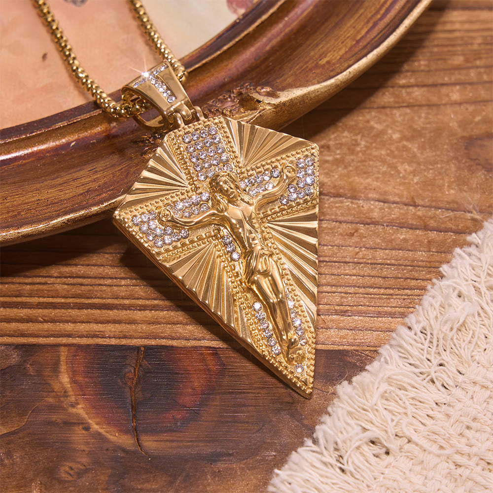 Radiant Sunburst Diamond Crucifix Pendant Necklace: Emblem of Redemptive Heavenly Light