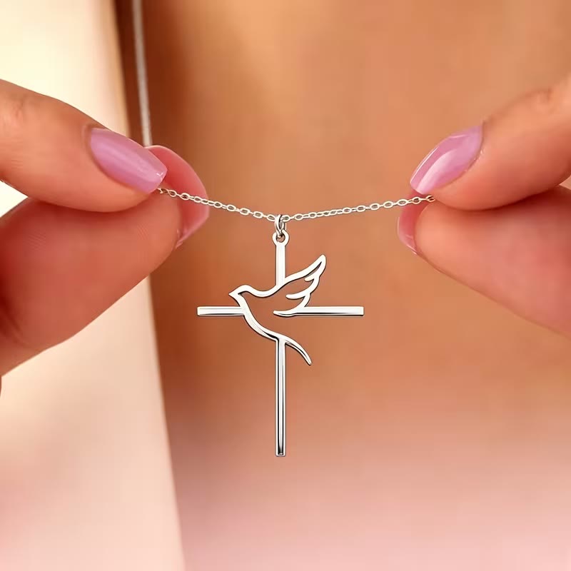 Minimal Outline Dove Cross Pendant Necklace: Emblem of Pure Heavenly Peace