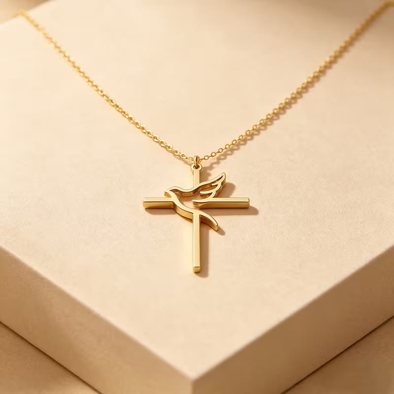 Minimal Outline Dove Cross Pendant Necklace: Emblem of Pure Heavenly Peace