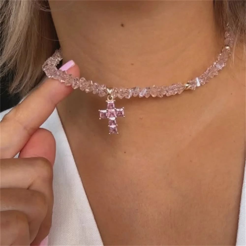 Faceted Crystal Bead Cross Charm Bracelet: Emblem of Sparkling Heavenly Blessing