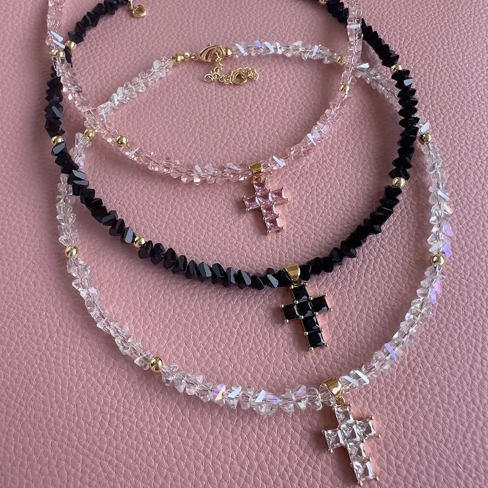 Faceted Crystal Bead Cross Charm Bracelet: Emblem of Sparkling Heavenly Blessing