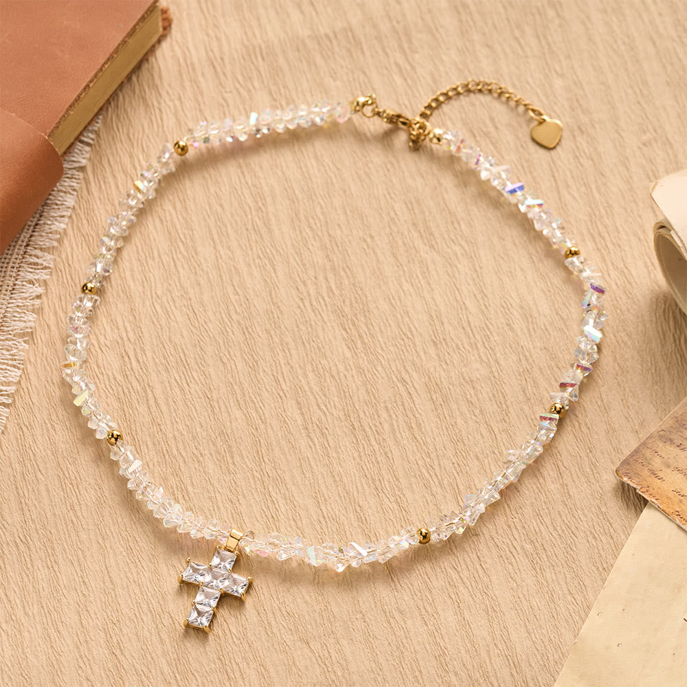 Faceted Crystal Bead Cross Charm Bracelet: Emblem of Sparkling Heavenly Blessing
