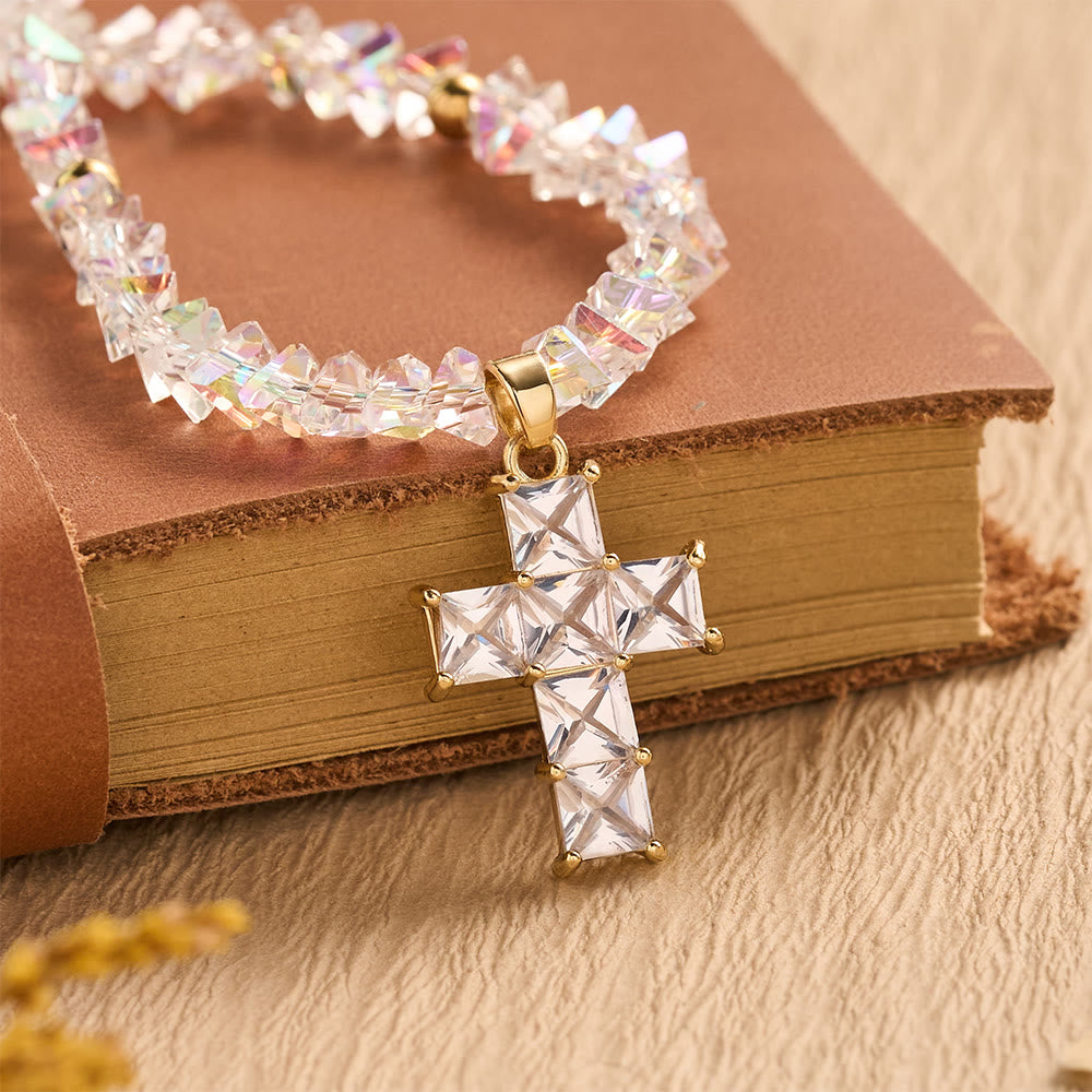 Faceted Crystal Bead Cross Charm Bracelet: Emblem of Sparkling Heavenly Blessing