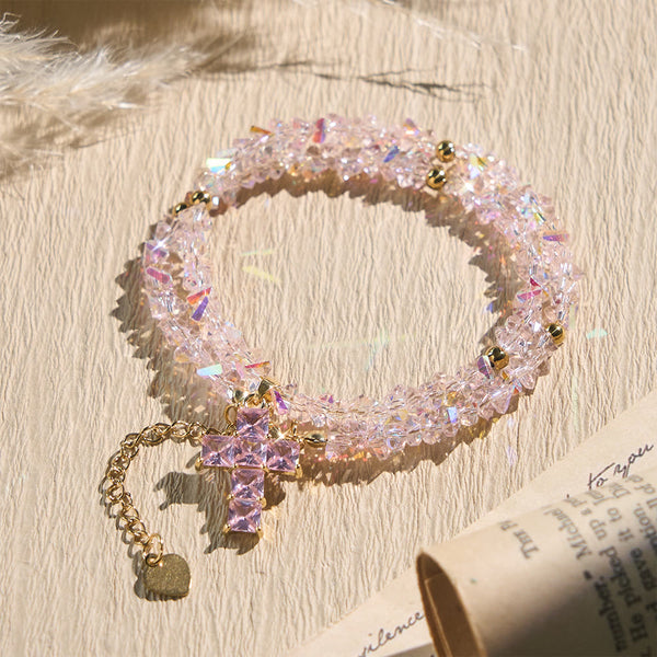 Faceted Crystal Bead Cross Charm Bracelet: Emblem of Sparkling Heavenly Blessing