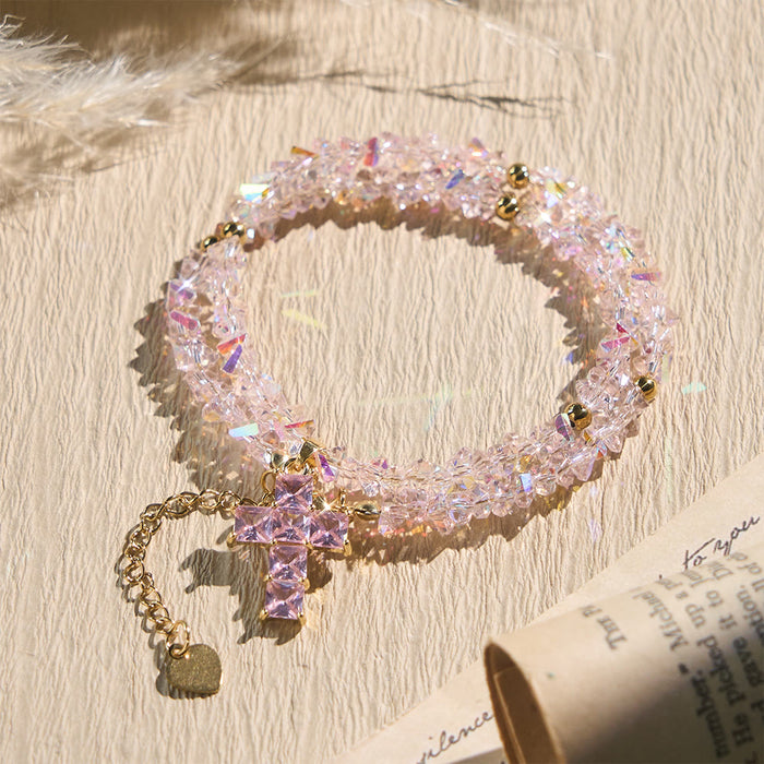 Faceted Crystal Bead Cross Charm Bracelet: Emblem of Sparkling Heavenly Blessing
