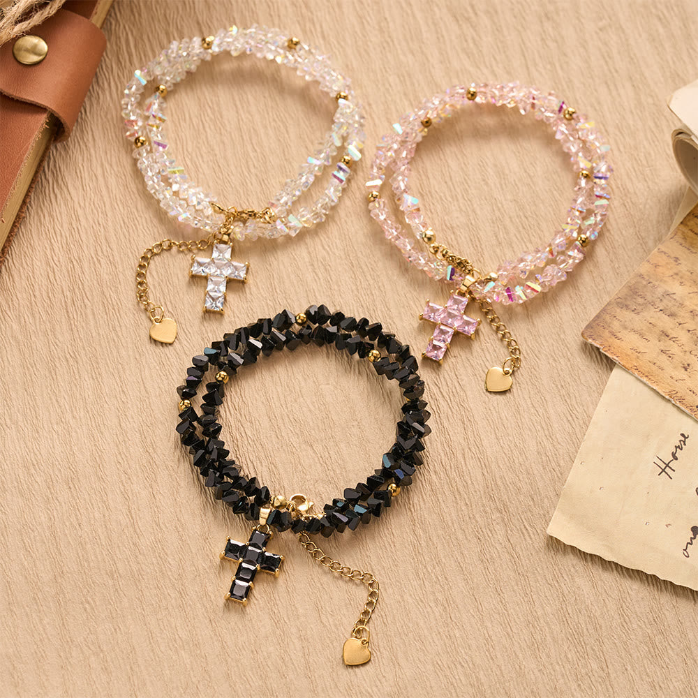Faceted Crystal Bead Cross Charm Bracelet: Emblem of Sparkling Heavenly Blessing