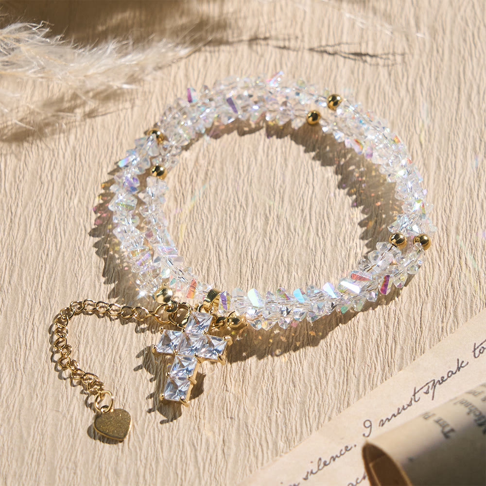 Faceted Crystal Bead Cross Charm Bracelet: Emblem of Sparkling Heavenly Blessing
