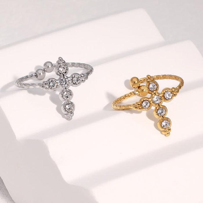 Twisted Band Adjustable Cross Stone Ring: Emblem of Radiant Heavenly Blessing