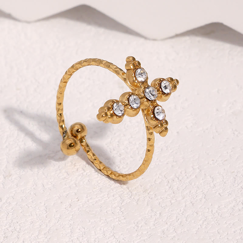 Twisted Band Adjustable Cross Stone Ring: Emblem of Radiant Heavenly Blessing