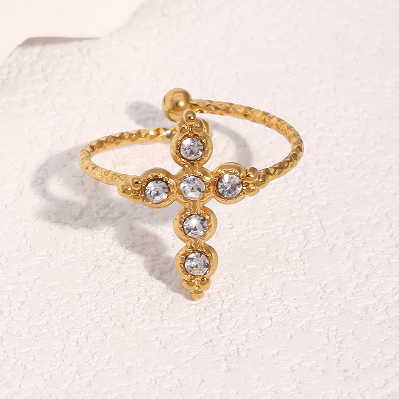 Twisted Band Adjustable Cross Stone Ring: Emblem of Radiant Heavenly Blessing