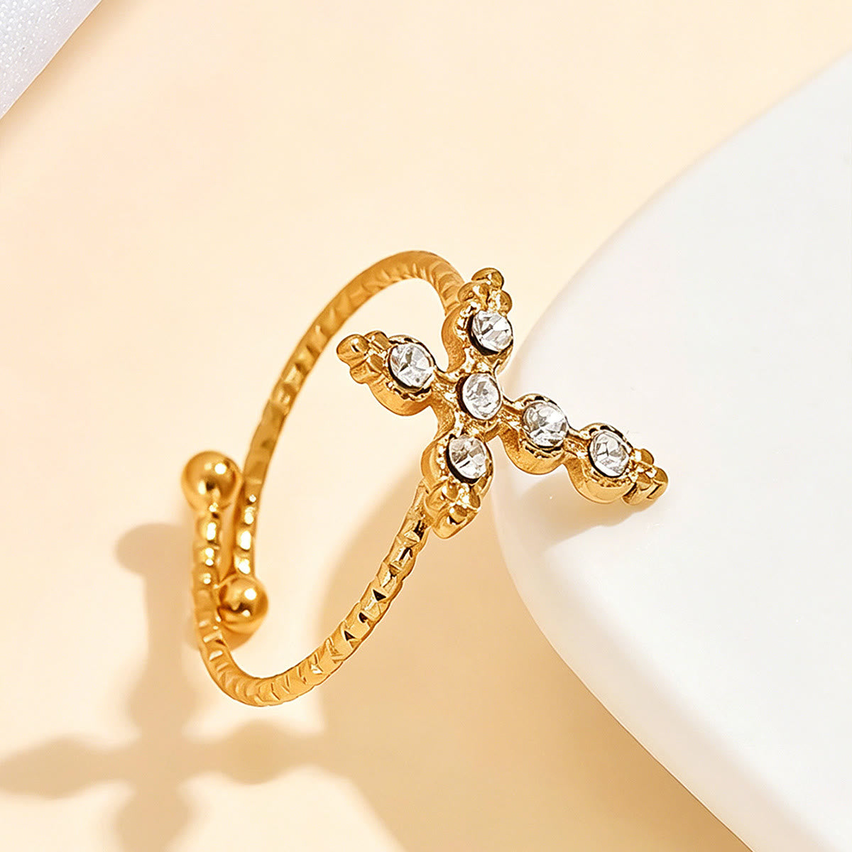 Twisted Band Adjustable Cross Stone Ring: Emblem of Radiant Heavenly Blessing
