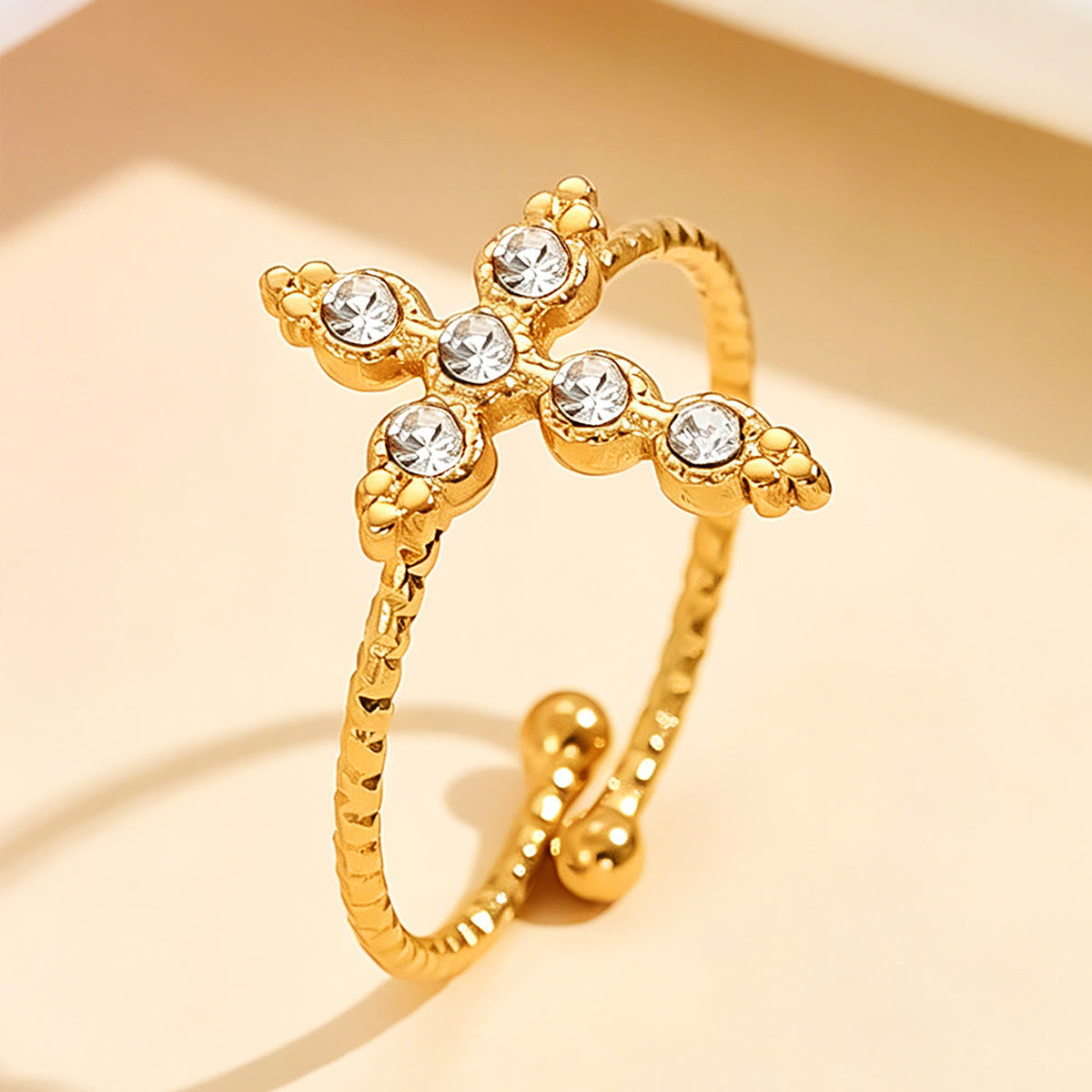 Twisted Band Adjustable Cross Stone Ring: Emblem of Radiant Heavenly Blessing