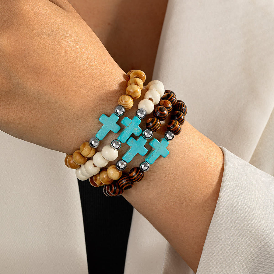 Natural Wooden Bead Cross Stretch Bracelet: Emblem of Stable Heavenly Shelter