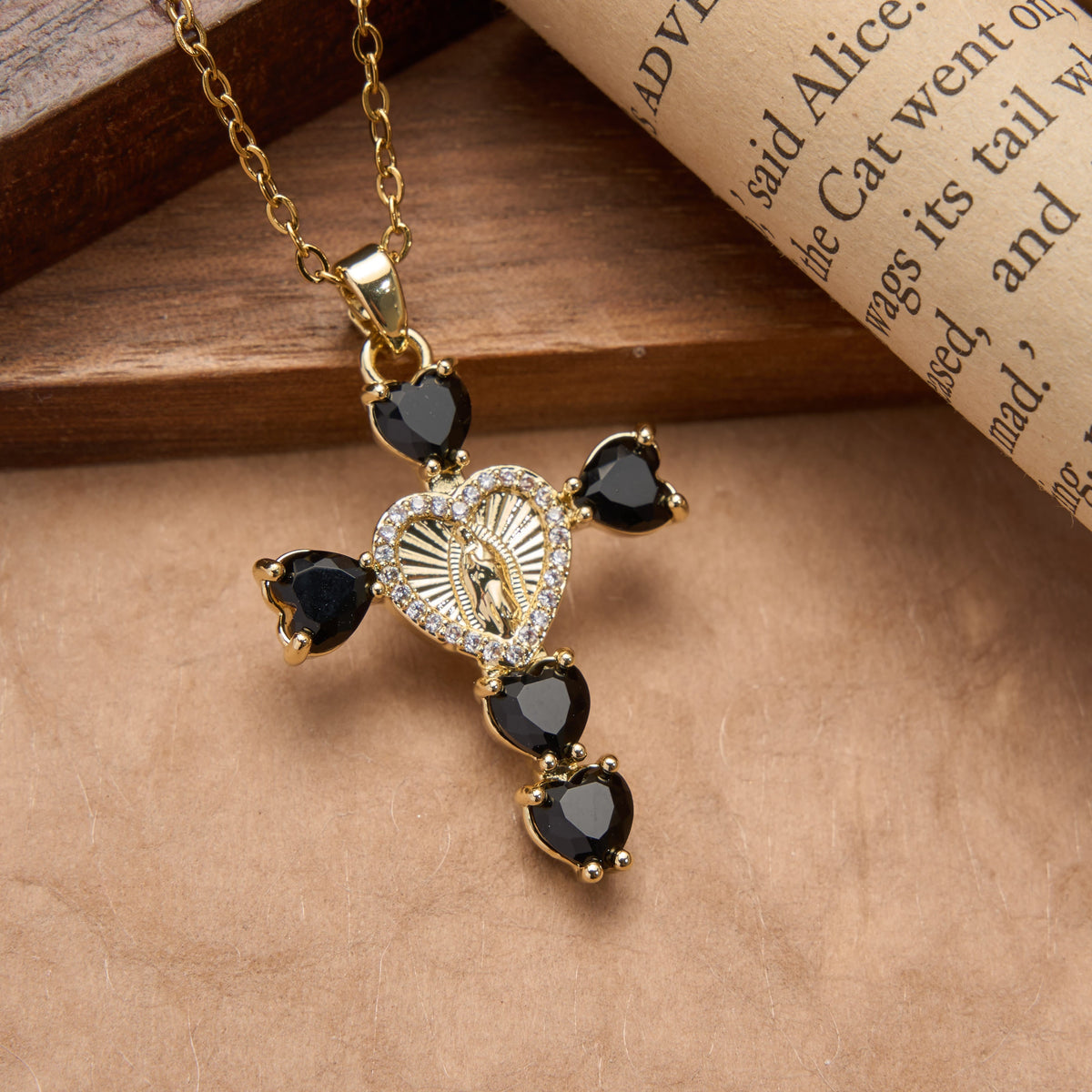 Heart Gem Virgin Mary Cross Pendant Necklace: Emblem of Tender Heavenly Blessing
