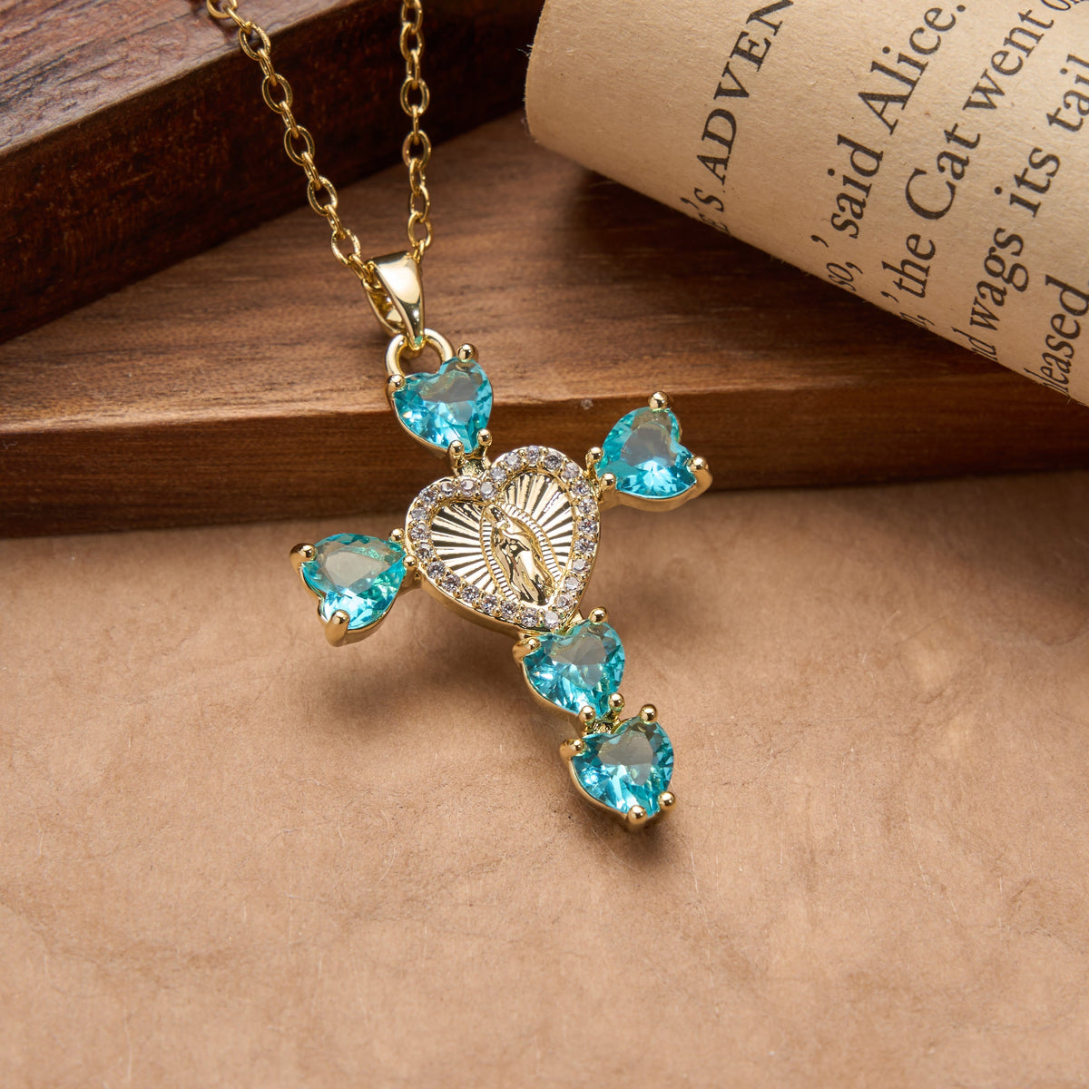 Heart Gem Virgin Mary Cross Pendant Necklace: Emblem of Tender Heavenly Blessing