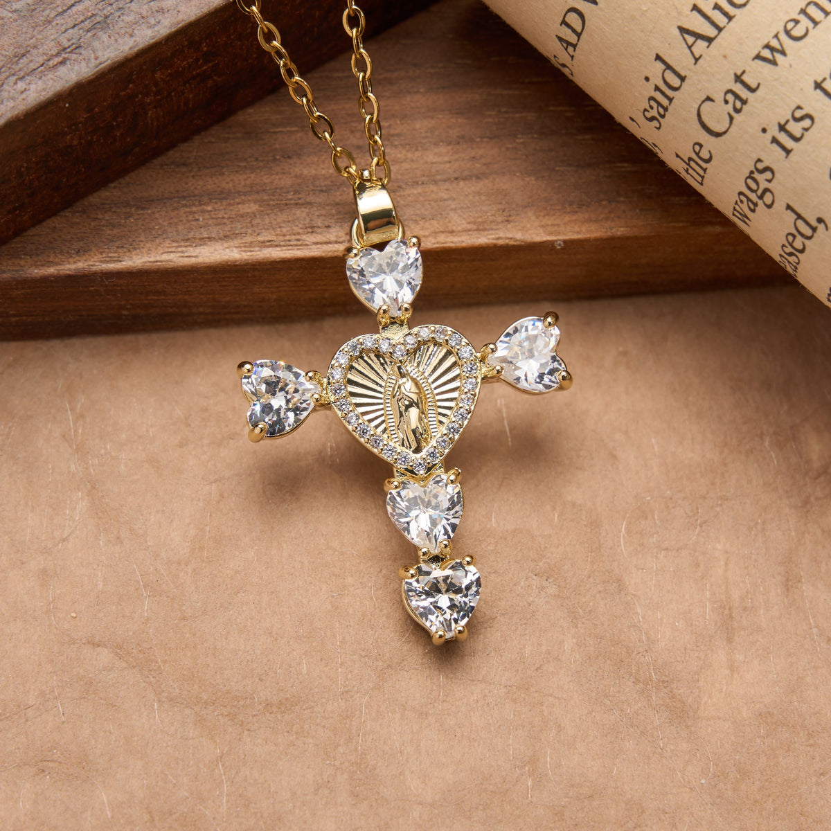 Heart Gem Virgin Mary Cross Pendant Necklace: Emblem of Tender Heavenly Blessing