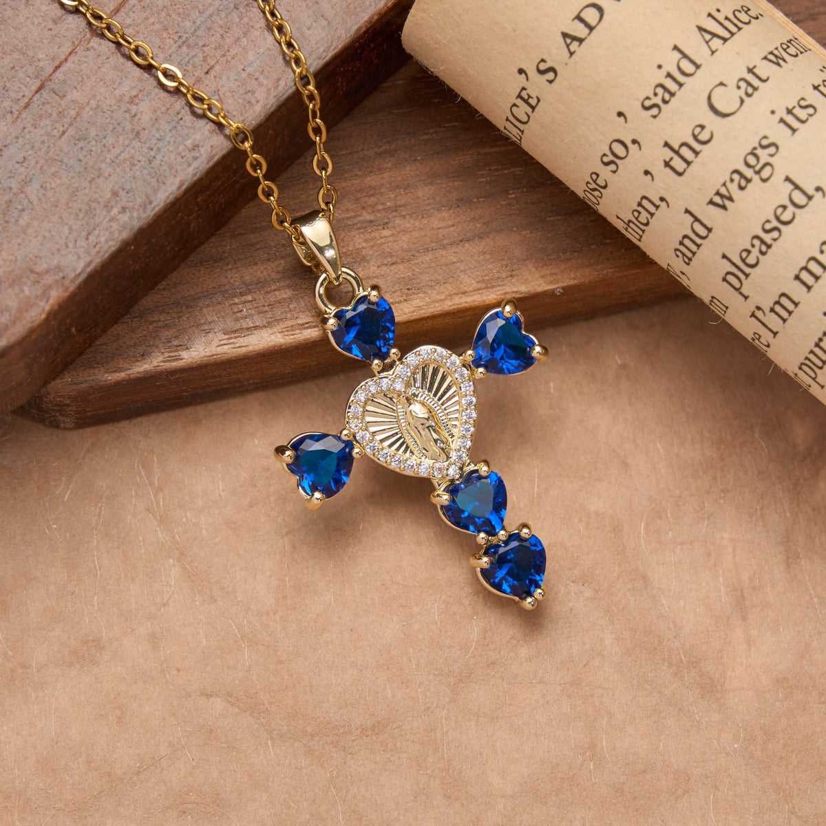 Heart Gem Virgin Mary Cross Pendant Necklace: Emblem of Tender Heavenly Blessing