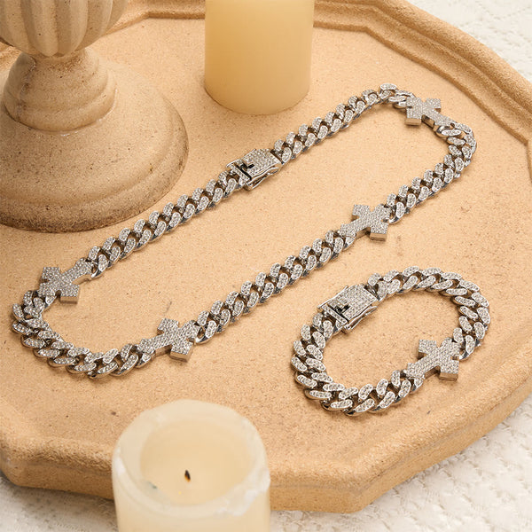 Iced Out Cuban Link Cross Bracelet & Necklace: Emblem of Bold Heavenly Fortitude